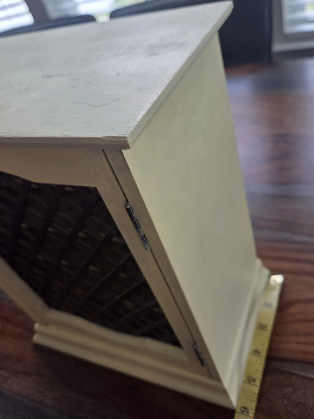 Distressed Pale Yellow Wood Cabinet with Lattice Door - Home Storage